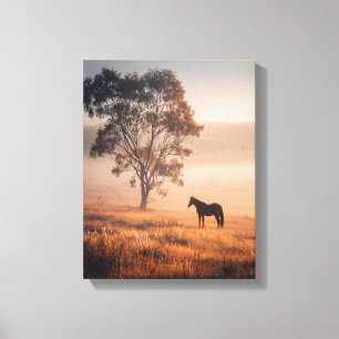 Gouden Weide Paard Zonsopgang Schilderij Canvas Afdruk