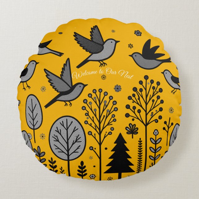 Gouden Weide Vogels Rond Kussen (Voorkant)