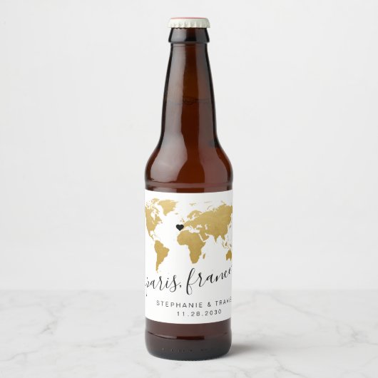 Gouden Wereldkaart Hartbestemming Favoriet Bier Etiket (Voorkant)
