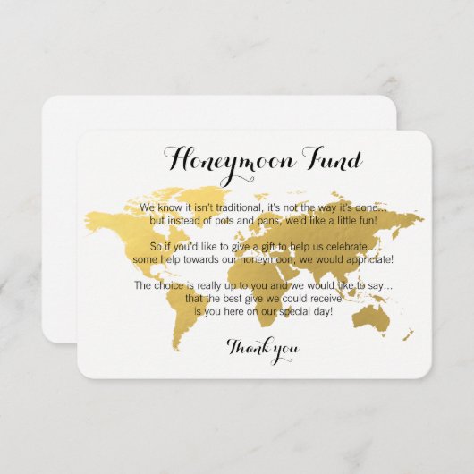 Gouden wereldkaart huwelijksreis fonds verzoek tro informatiekaartje (Voorkant / Achterkant)