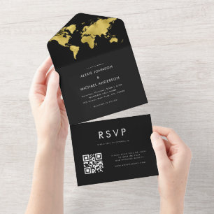 Gouden Wereldkaart Reisbestemming Moderne Qr Code All In One Uitnodiging