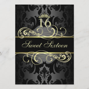 Gouden Wervel Damast Sweet16 Verjaardagsuitnodigin Kaart