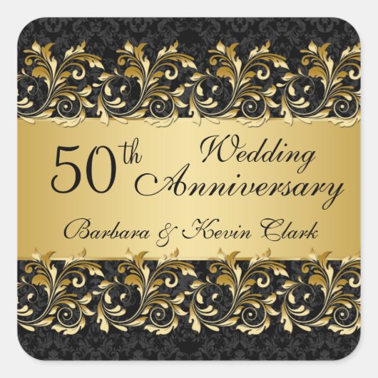 Gouden wervelingen, damast 50e bruiloft Jubileum Vierkante Sticker (Voorkant)