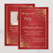 Gouden wervelingen op donkerrode Pensioen Party Fo Kaart (Voorkant / Achterkant)