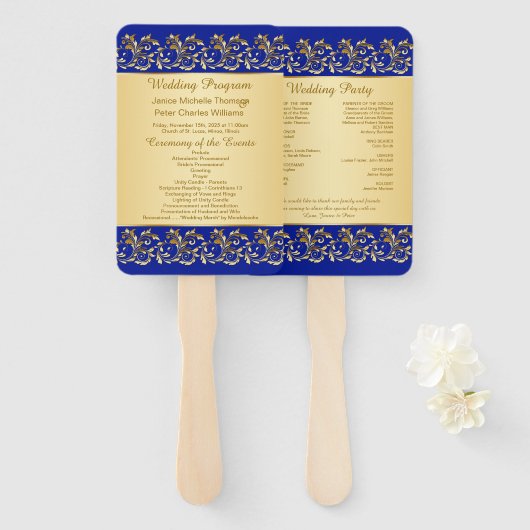 Gouden wervelingen op koninklijk blauw Bruiloft pr Handwaaier (Voorkant en achterkant)