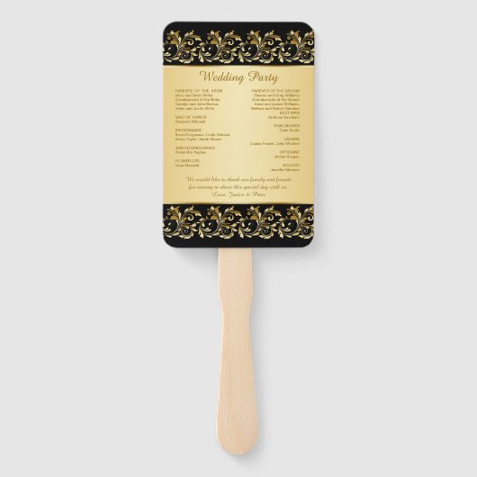 Gouden wervelingen op zwart Bruiloft programma Handwaaier (Achterkant)