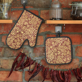  gouden wervelingen Patroon Elegante terracotta Ovenwant & Pannenlap Set