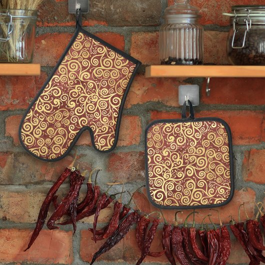 gouden wervelingen Patroon Elegante terracotta Ovenwant & Pannenlap Set