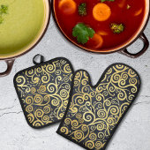 gouden wervelingen Patroon Luxe Charcoal Grey Ovenwant & Pannenlap Set