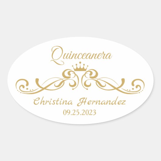 Gouden wervelingen, Tiara Quinceanera Ovale Sticker (Voorkant)