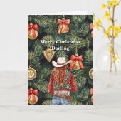 Gouden Western Rode Haar Cowgirl Kerst  Kaart (Gele Bloem)