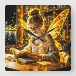 Gouden wetenschappelijke fee gouden vleugels gezel vierkante klok