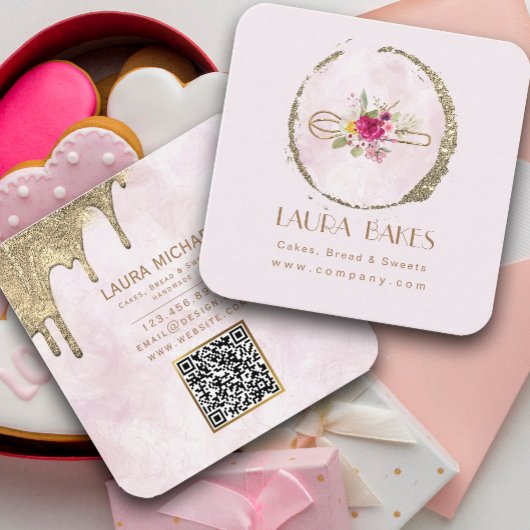 Gouden Whisk Blush Waterverf Bloemen Vierkante Visitekaartje