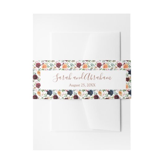 Gouden Wijn Bourgogne Marine Blauw Bloemen Bruilof Uitnodigingen Wikkel (Voorkant Voorbeeld)