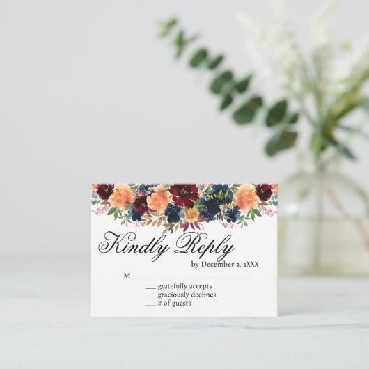 Gouden Wijn Bourgogne Marine Blauw Bloemen RSVP Ca Informatiekaartje (Staand voorkant)