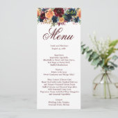 Gouden Wijn Bourgogne Marine Blauw Bruiloft Menu (Staand voorkant)