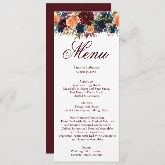 Gouden Wijn Bourgogne Marine Blauw Bruiloft Menu (Voorkant / Achterkant)