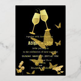 Gouden wijn glas vlinder bruiloft  folie uitnodiging