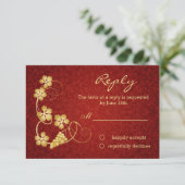 Gouden wijnbladeren op rode damast RSVP Uitnodigin (Staand voorkant)
