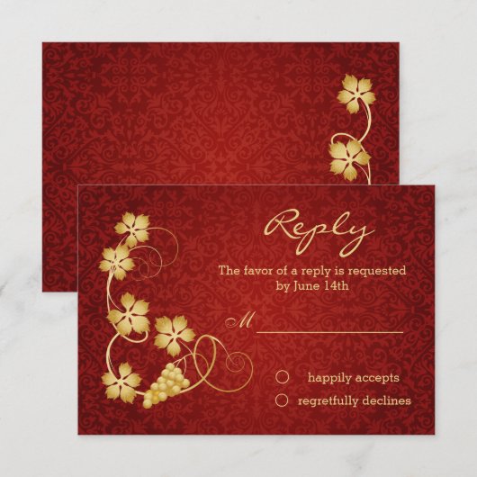 Gouden wijnbladeren op rode damast RSVP Uitnodigin (Voorkant / Achterkant)