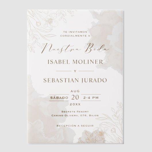 Gouden Wildbloem Nuestra Boda Spaanse bruiloft Vellum Uitnodigingen (Voorkant)