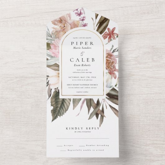 Gouden Wilde Bloem Bruiloftboog All In One Uitnodiging (Binnen)