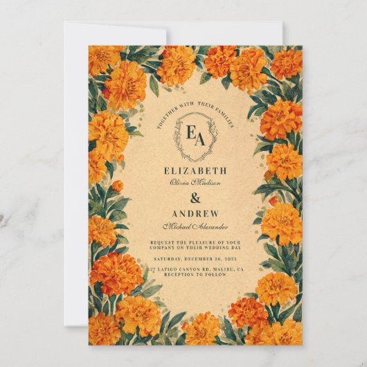 Gouden Wilde Bloem Rustieke Herfst Bruiloftsthema Kaart (Voorkant)