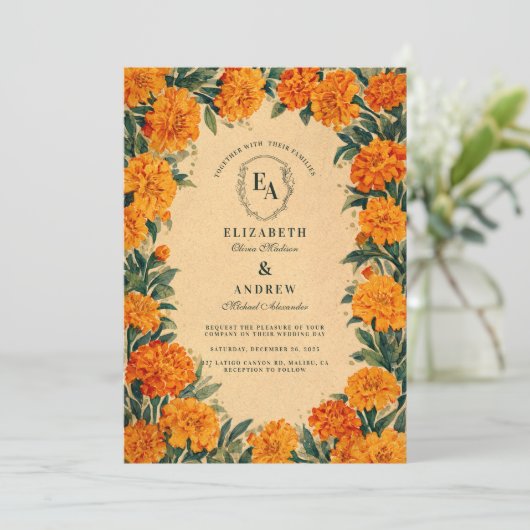 Gouden Wilde Bloem Rustieke Herfst Bruiloftsthema Kaart (Staand voorkant)