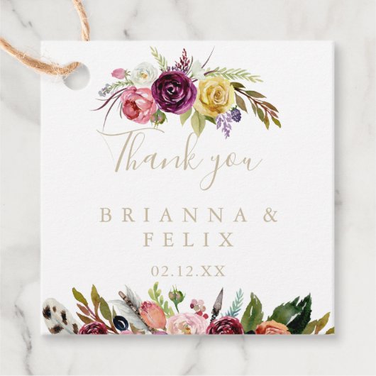 Gouden Wilde Veer Boho Tropische Bloemen Bruiloft Bedankjes Labels (Voorkant)