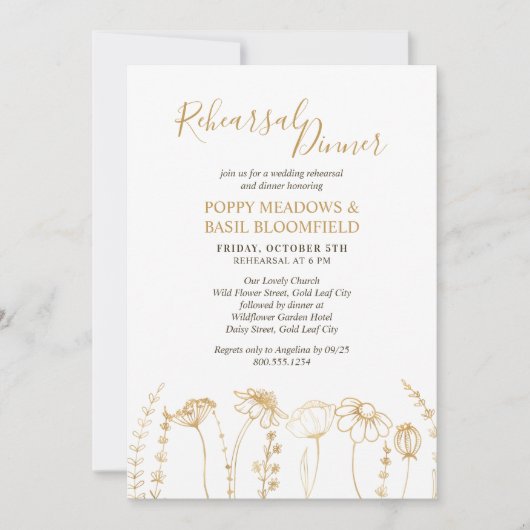 Gouden Wildflower Schets Bruiloft Diner Repetitie Kaart (Voorkant)