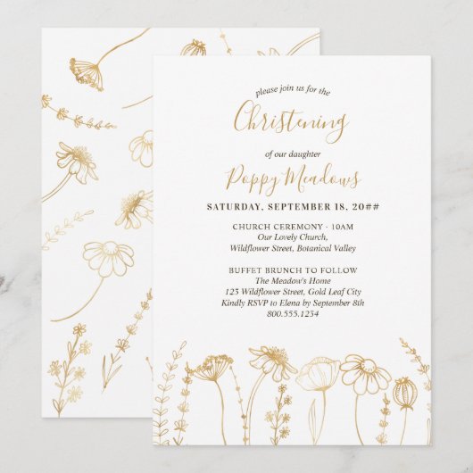 Gouden Wildflower Schets Eenvoudige Bloemen doopse Kaart (Voorkant / Achterkant)