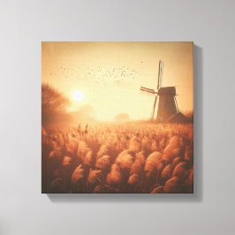 Gouden windmolen boven herfstveld canvas kunst