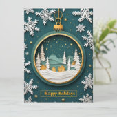 🎁 Gouden Winter Dorp Ornament Feestelijk Groen Kaart (Staand voorkant)