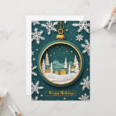 🎁 Gouden Winter Dorp Ornament Feestelijk Groen Kaart (Voorkant / Achterkant in situ)