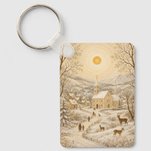 Gouden Winter Dorpskerk Landschap Sleutelhanger