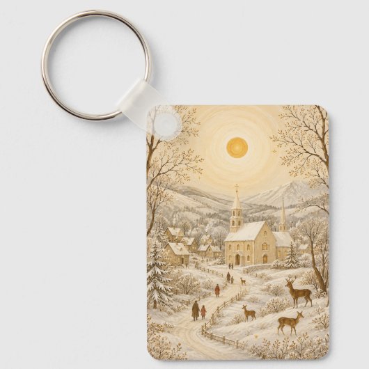 Gouden Winter Dorpskerk Landschap Sleutelhanger (Voorkant)
