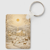 Gouden Winter Dorpskerk Landschap Sleutelhanger (Achterkant)