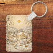 Gouden Winter Dorpskerk Landschap Sleutelhanger (Achterkant)