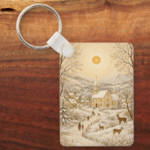Gouden Winter Dorpskerk Landschap Sleutelhanger (Voorkant)