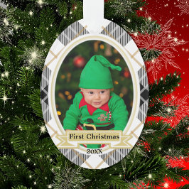 Gouden winter geruite eerste kerst foto ornament