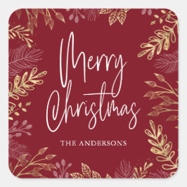 Gouden Winter groen op donkerrode kerst Vierkante Sticker