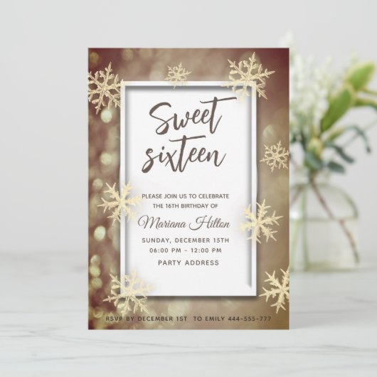 Gouden winter wonderland bokeh sneeuwvlokken kaart (Staand voorkant)