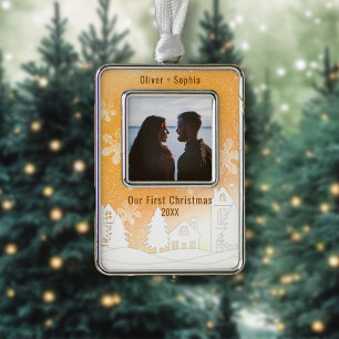 Gouden Winter Wonderland Snowy Houses Foto Verzilverd Omlijst Ornament