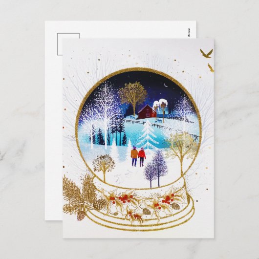 Gouden Winteravond Koppel Sneeuwbol Bos Thuis Feestdagenkaart (Voorkant / Achterkant)