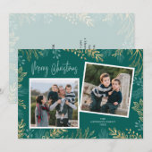 Gouden Wintergroen op Blauwgroen 2 Foto Kerstmis Feestdagenkaart (Voorkant / Achterkant)