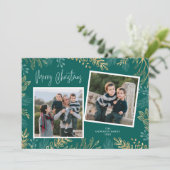 Gouden Wintergroen op Blauwgroen 2 Foto Kerstmis Feestdagenkaart (Staand voorkant)