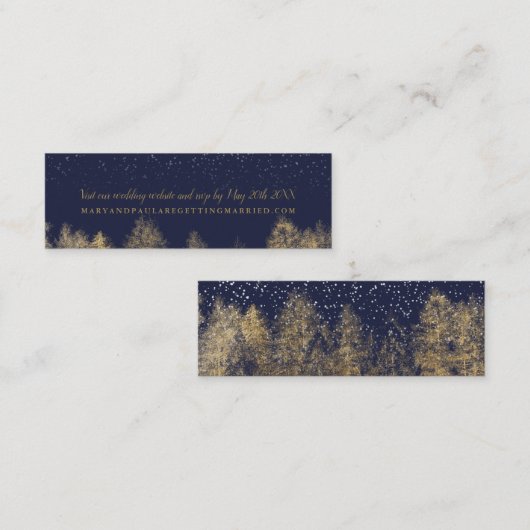 gouden wintersneeuwblauw bruinbomen bruiloft mini visitekaartje (Voorkant / Achterkant)