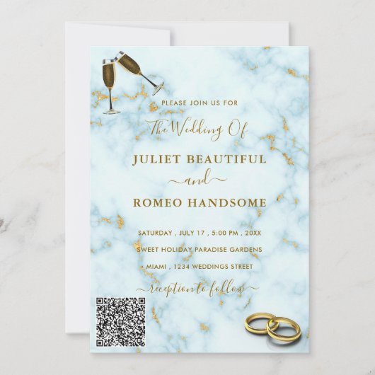Gouden Wit Marmeren Bruiloft Uitnodiging met QR Co (Voorkant)