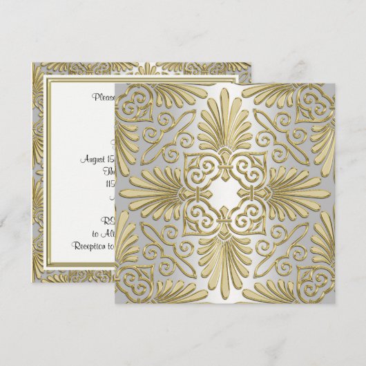 Gouden Witte Art Deco Damast bruiloft uitnodiging (Voorkant / Achterkant)