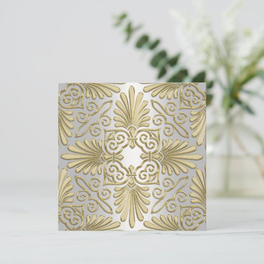 Gouden Witte Art Deco Damast bruiloft uitnodiging (Staand voorkant)